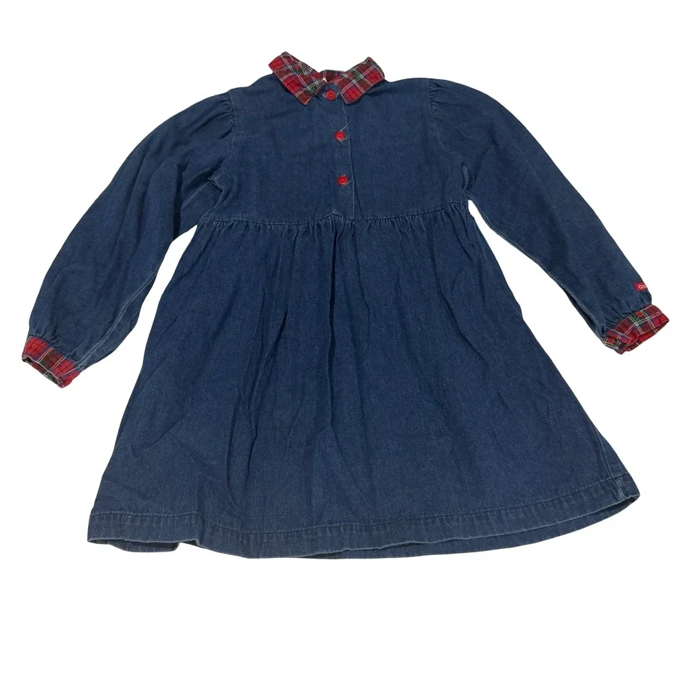 Vintage OshKosh B'gosh Girls Denim Dress Plaid Trim Made in USA Size 6 Blue Red‎